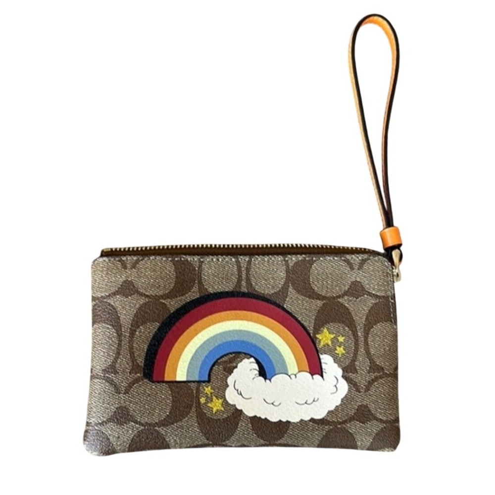 Coach Nolita 19 Wristlet in Signature Canvas Rainbow Clouds Orange Strap Stars - Picture 2 of 6
